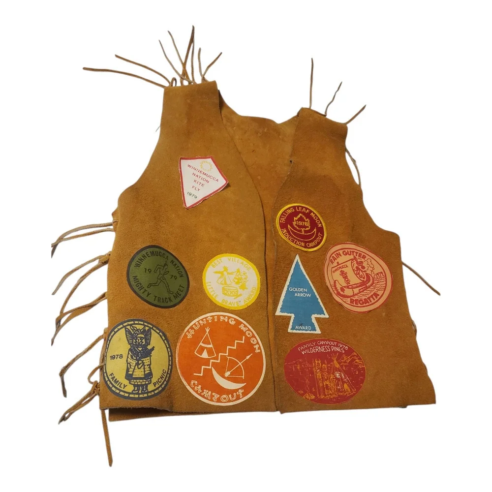 Vintage YMCA Indian Guides Suede Leather Vest Kids Size Fringe Many Patches 70s